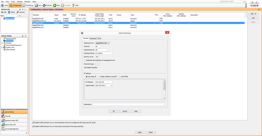 Cisco ASA Configuration des Interfaces Networklab